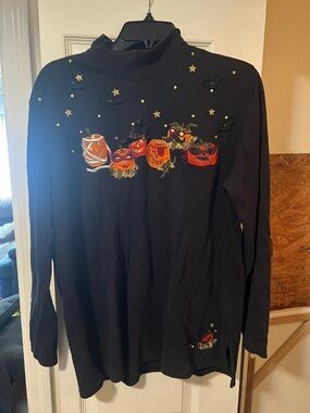 Black Halloween Pumpkin Embroidered Long Sleeve Top
